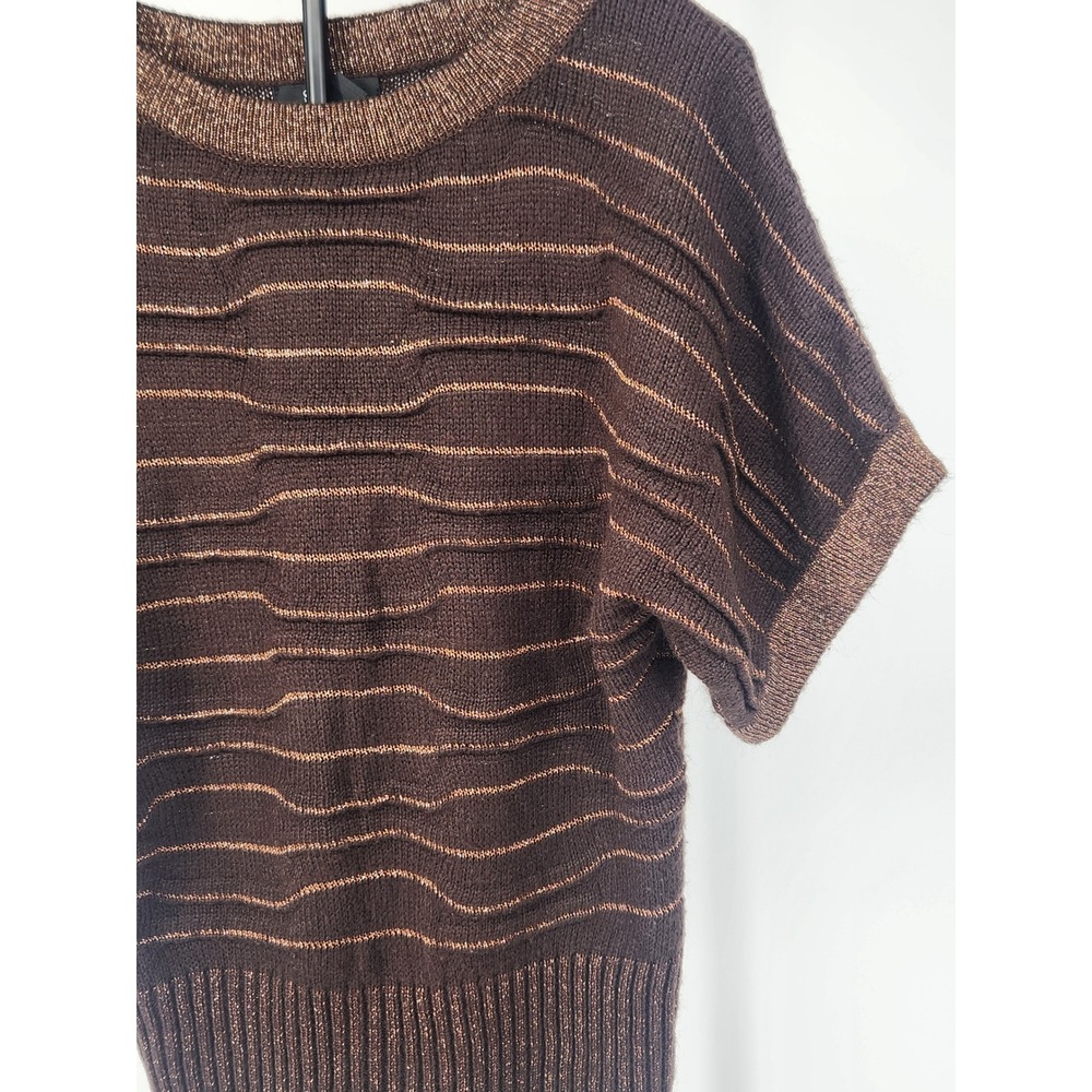 Style & Co Womens Brown Metallic Striped Short Sleeve Sweater Crew Neck Small - Picture 3 of 9